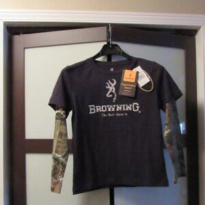 BROWNING Boy's Long Sleeved Shirt. Black with Camo Sleeves. Size Medium. NWT